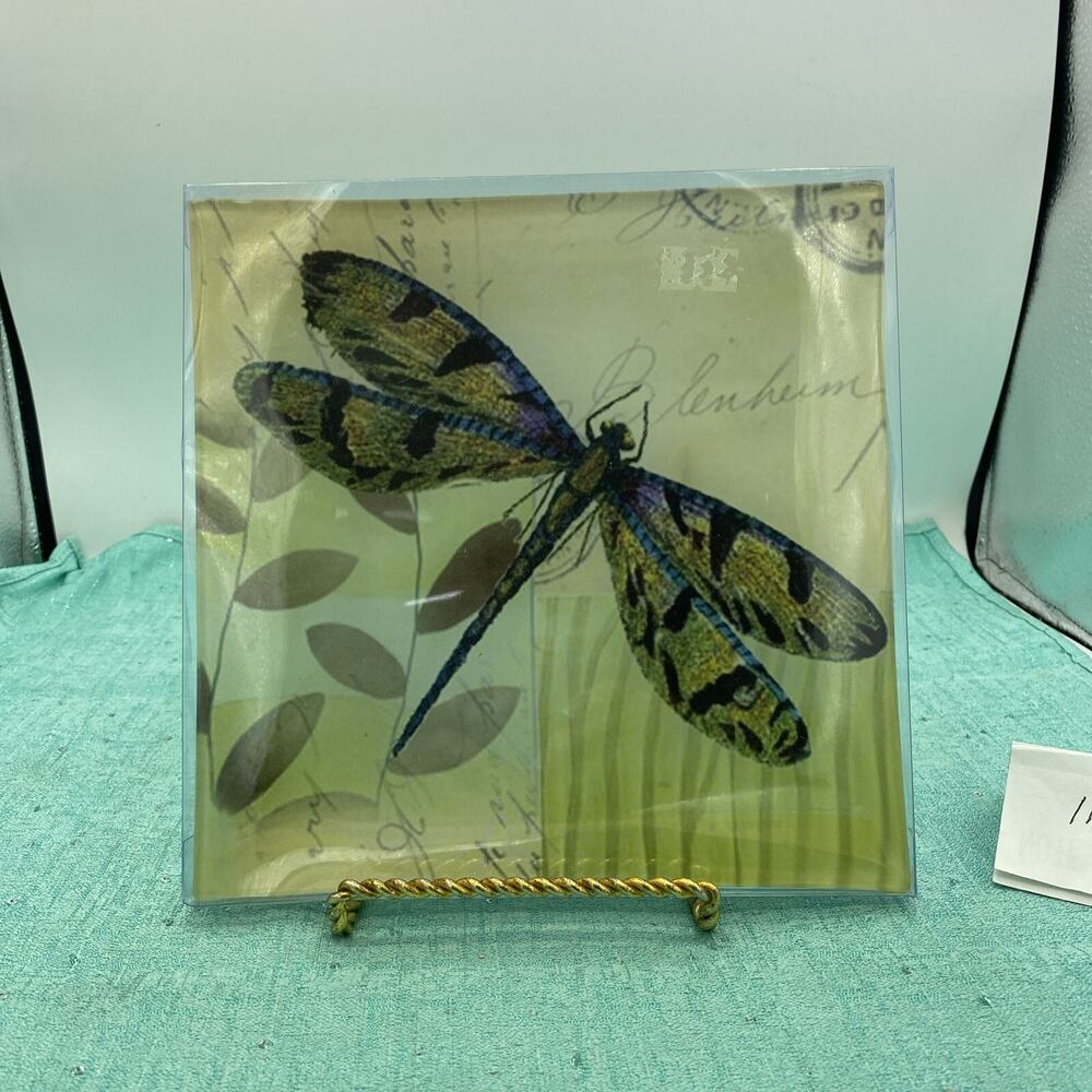 7.75” Square Pale Green Dragonfly Collector Glass Plate New In Box